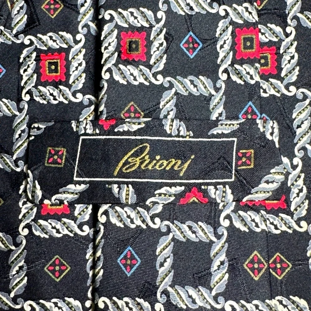 Brioni Mens Silk Tie Black Red Silver Rope‎ Medallion Geometric Handmade Italy